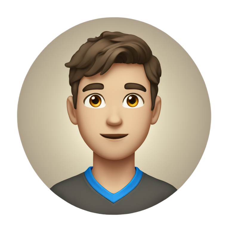 genmoji : Adolescent aux yeux bleus clairs, peau claire et cheveux brun foncé légèrement ondulés, raie au milieu. Porte une chemise polo et un collier avec un pendentif en forme de cœur bleu.