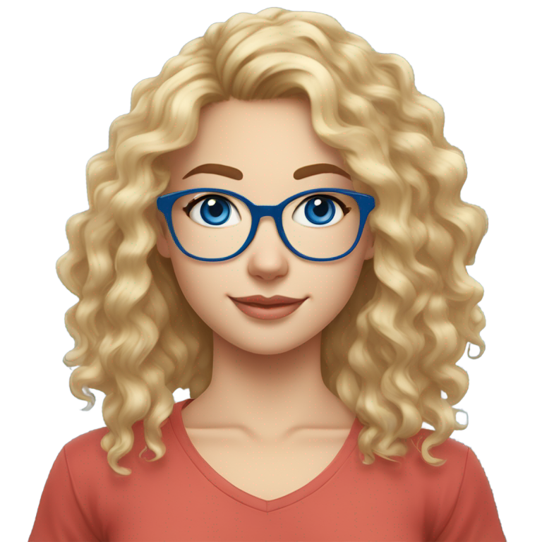 genmoji : Cheveux blonds bouclés juste au-dessus des épaules avec des mèches naturelles à l'avant, yeux bleus, taches de rousseur sur le nez et sous les yeux. T-shirts, shorts, lunettes, montre Apple bleue, collégienne avec poitrine.