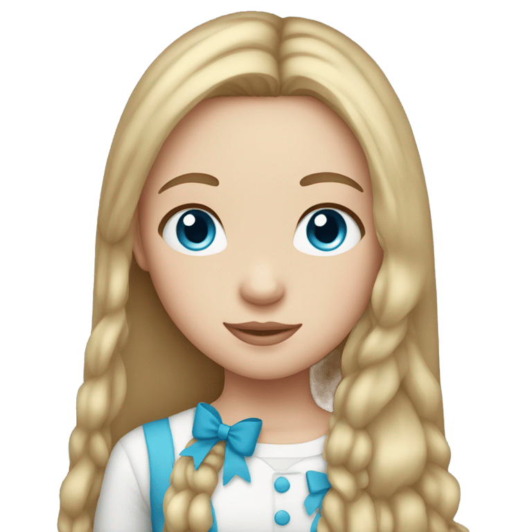 絵文字：Girl with long straight hair and bow and light skin and blue eyes and light freckles