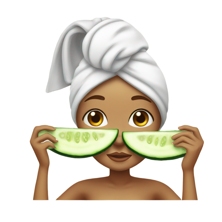 genmoji：头上缠毛巾、眼上敷黄瓜的女孩，刚出浴后在自我护理。