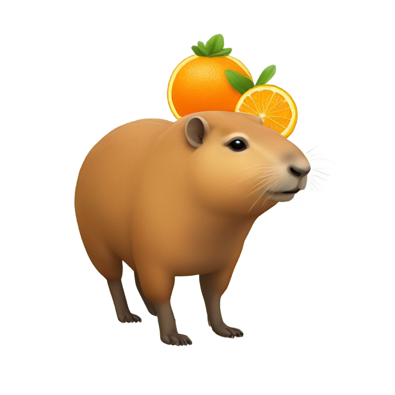 絵文字：Capybara full body with an orange (the fruit) on its head