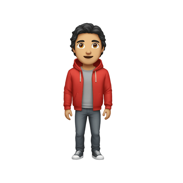 絵文字：a man with dark hair, light gray eyes, wearing a red hoodie