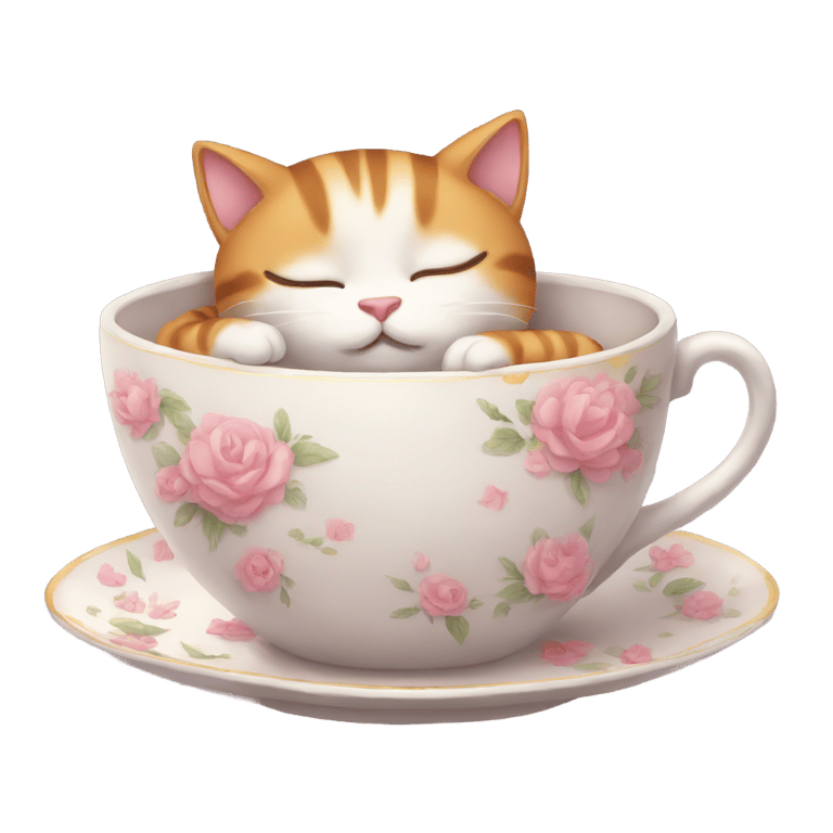genmoji : Chat somnolent dans une tasse de thé