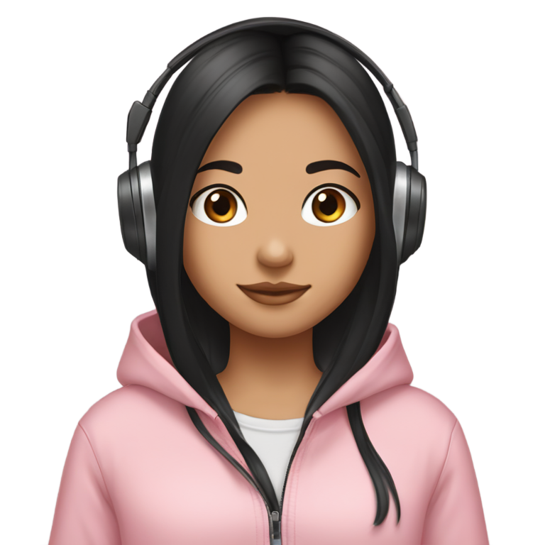 genmoji：一个戴着耳机、黑色长发、棕色皮肤的女孩，穿着淡粉色运动夹克，化着妆，举着相机准备拍照，看起来很 glamour。