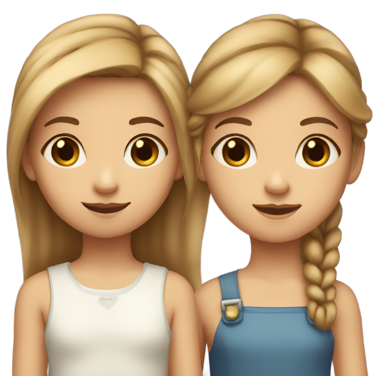 genmoji : Deux filles de 11 ans, l'une aux cheveux bruns, l'autre aux cheveux blond foncé, se tenant la main.
