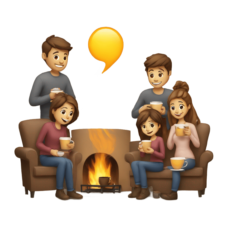 genmoji: People with coffee in hand around fireplace