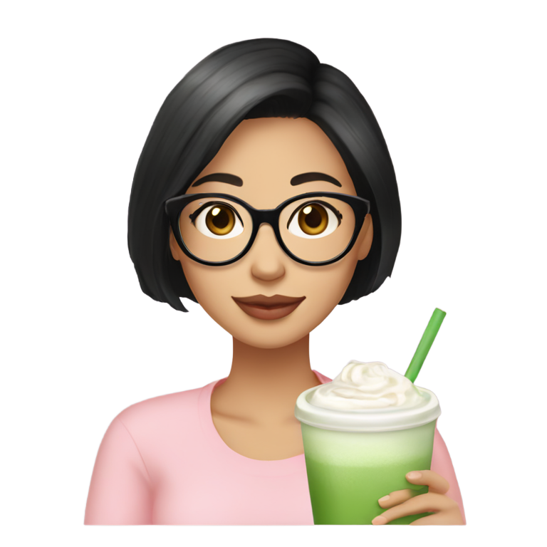 genmoji: a girl with bob cut black hair and large glasses with light pink frame holding a matcha latte