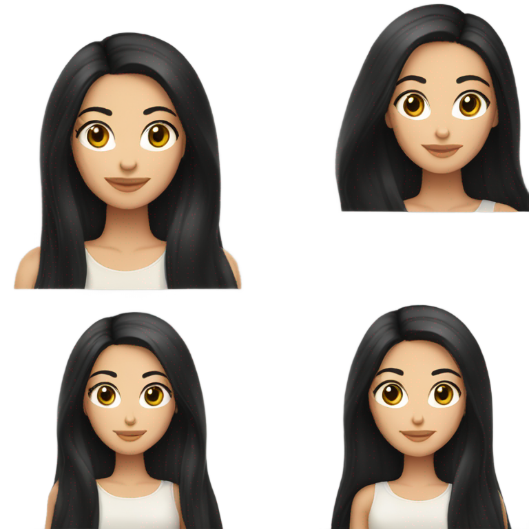 絵文字：白人ラテン系の少女。非常に長い黒髪。ストレートヘア。中央分け。細いウエスト。茶色の瞳。長いまつげ。