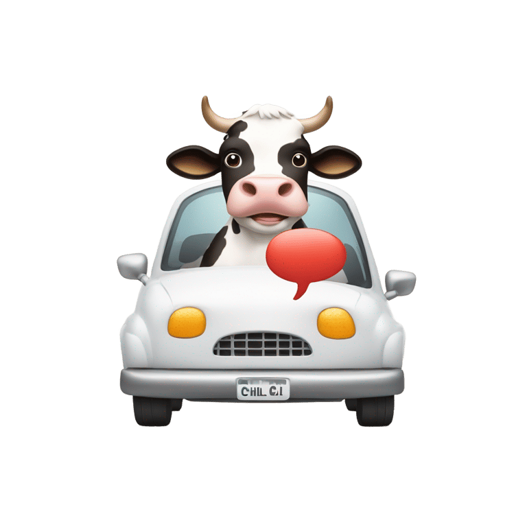 genmoji : Une vache conduisant une voiture avec une bulle de parole au-dessus de sa tête disant "Chill"