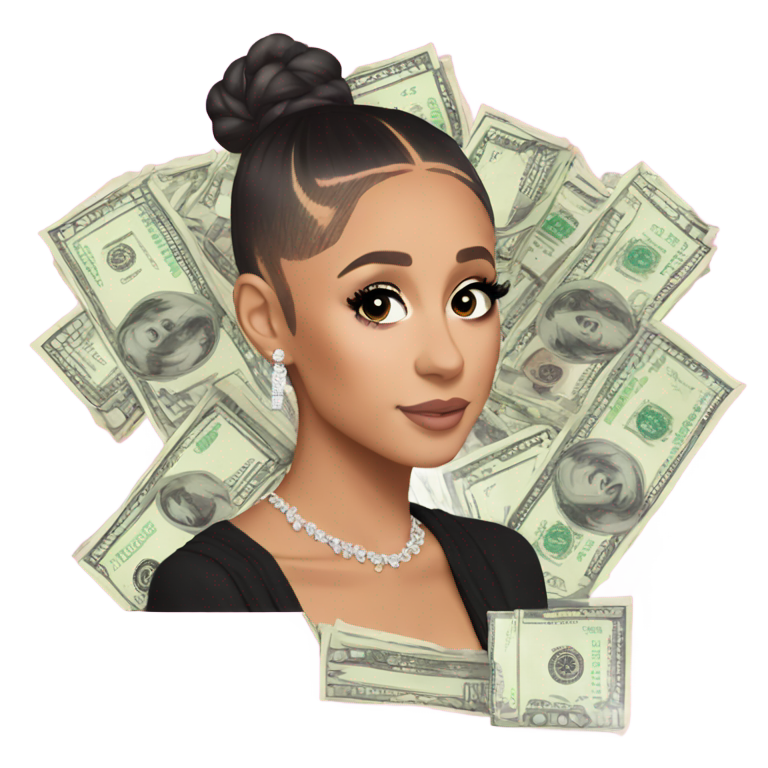 genmoji：Ariana Grande in 7 Rings style short hair floating diamonds and money background
