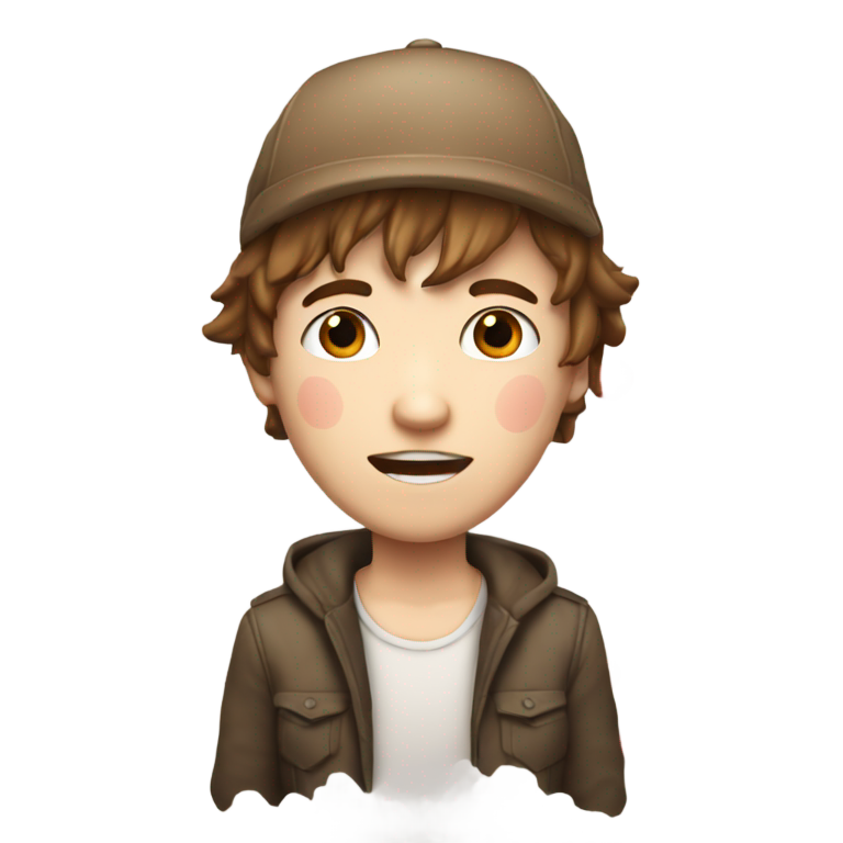 genmoji：Idiot, boy, with white skin, brown longish stright hair, lots of zits, and a backwards cap, with red dots on his face