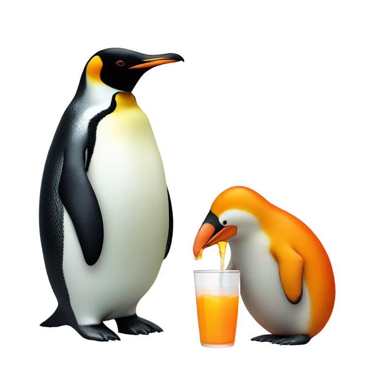 絵文字：肥満の妊娠ペンギンと有毒液を飲む小さなオレンジのサル