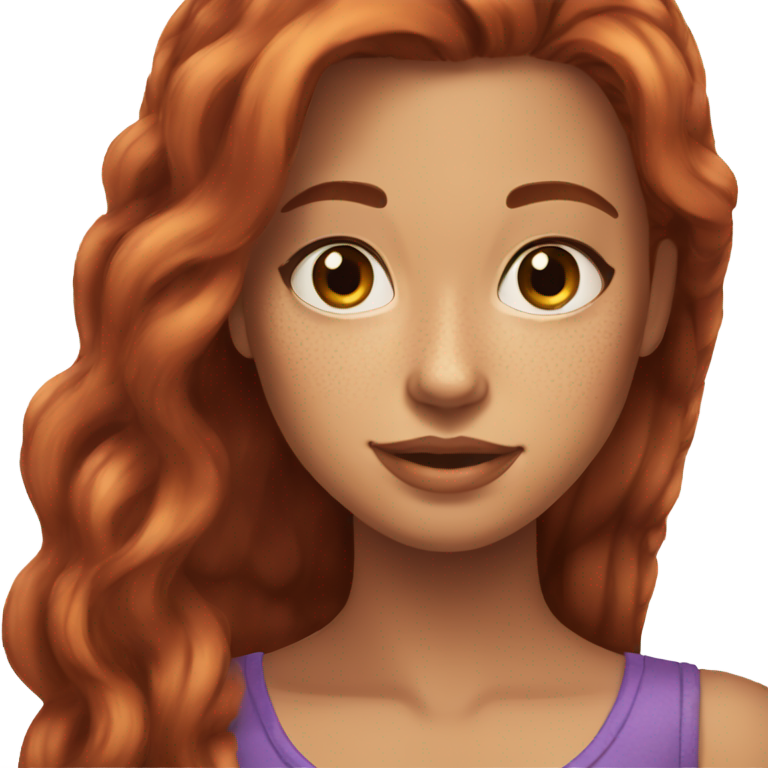 genmoji : Jolie fille aux longs cheveux auburn, yeux violets, peau bronzée et taches de rousseur.