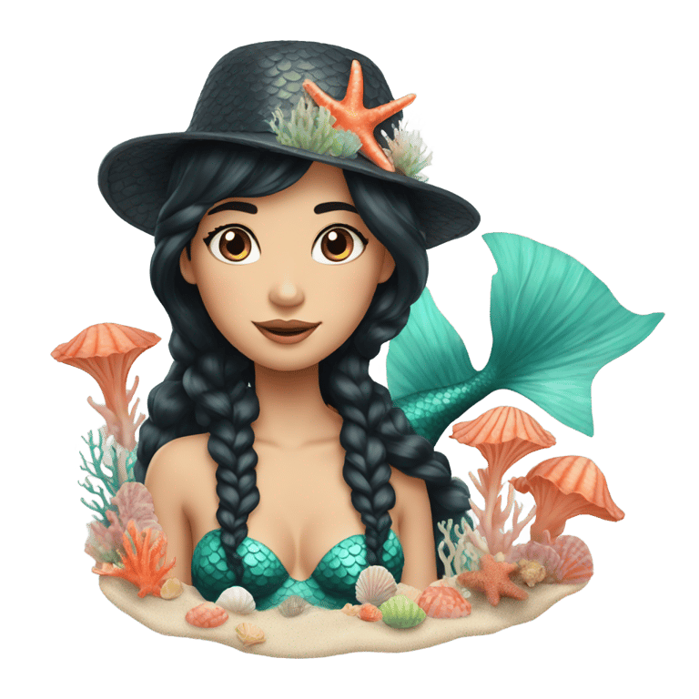 genmoji : A mermaid with black hair and wearing a hat made of shells and coral