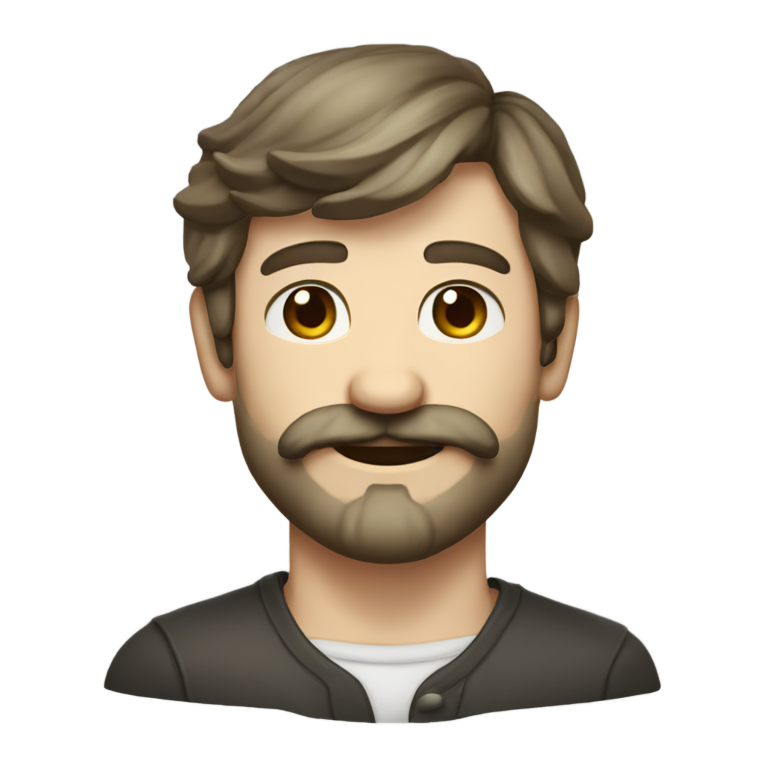 genmoji: Make a white man with a dark beard and moustache, long ish hair flowy to ears, make him Irish, make it over the top.