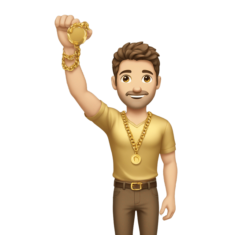 genmoji：棕发白人男性，穿着金色衬衫，戴着金链和金腕带。