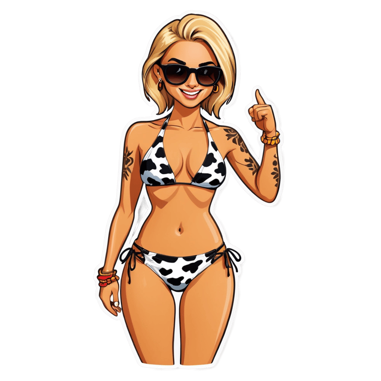 genmoji：金发碧眼女孩，身着牛奶印比基尼，全身纹身，戴着太阳镜。
