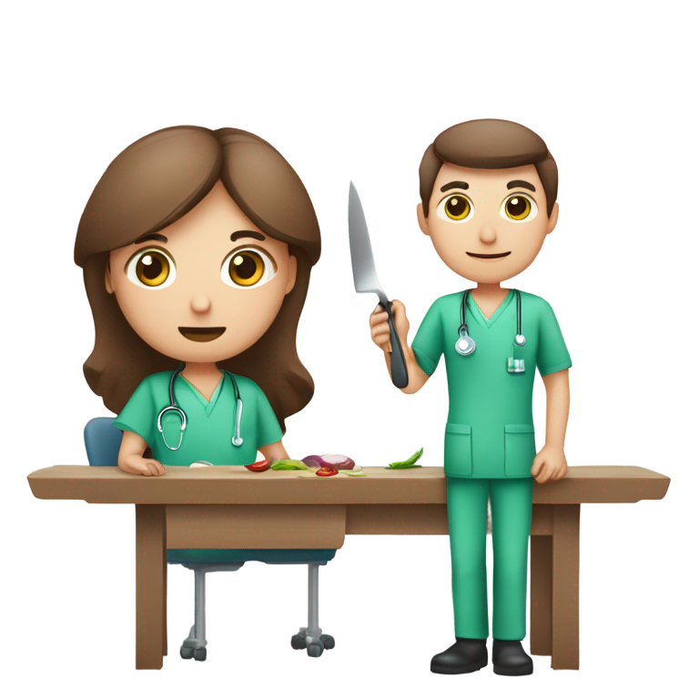 genmoji：棕发绿眼的男医生，手持刀，桌上有死猪。