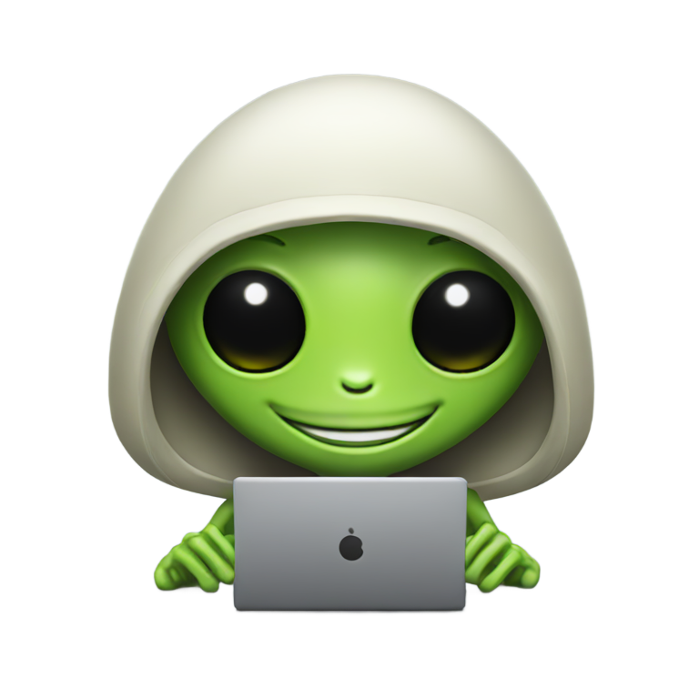 genmoji: alien with laptop smiling
