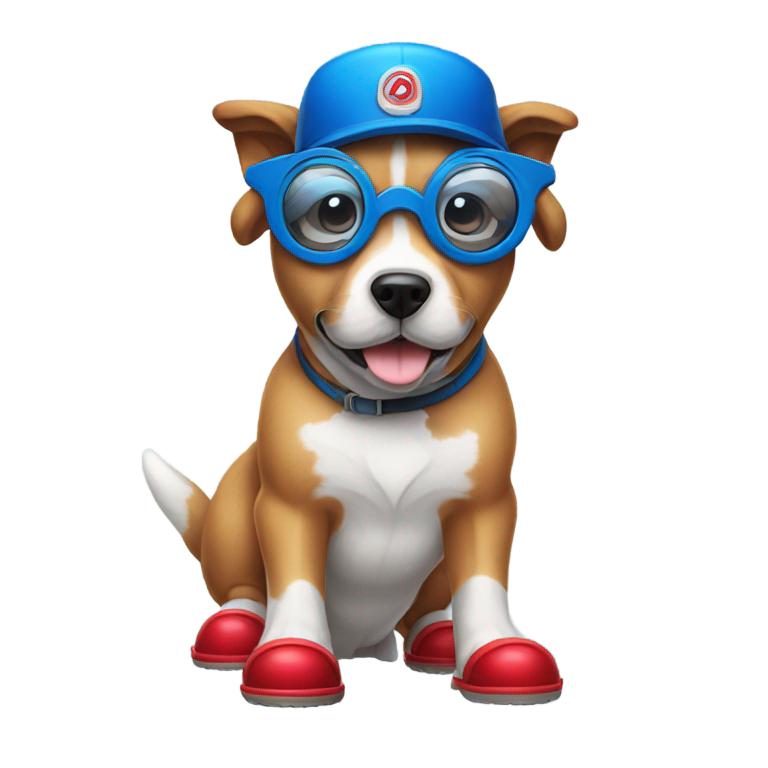 genmoji: A dog with red shoes and blue hat and blue round goggles