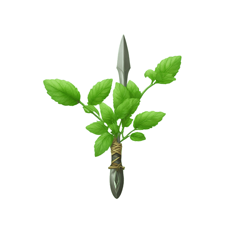 絵文字：a war spear with mint leaves all around it