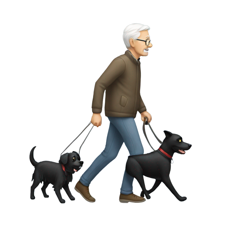 絵文字：白髪の老人が黒い犬を散歩させている