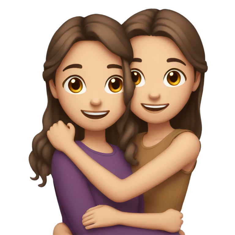 genmoji：让两个女孩拥抱，微笑，一个有深棕色头发，一个有浅棕色头发。