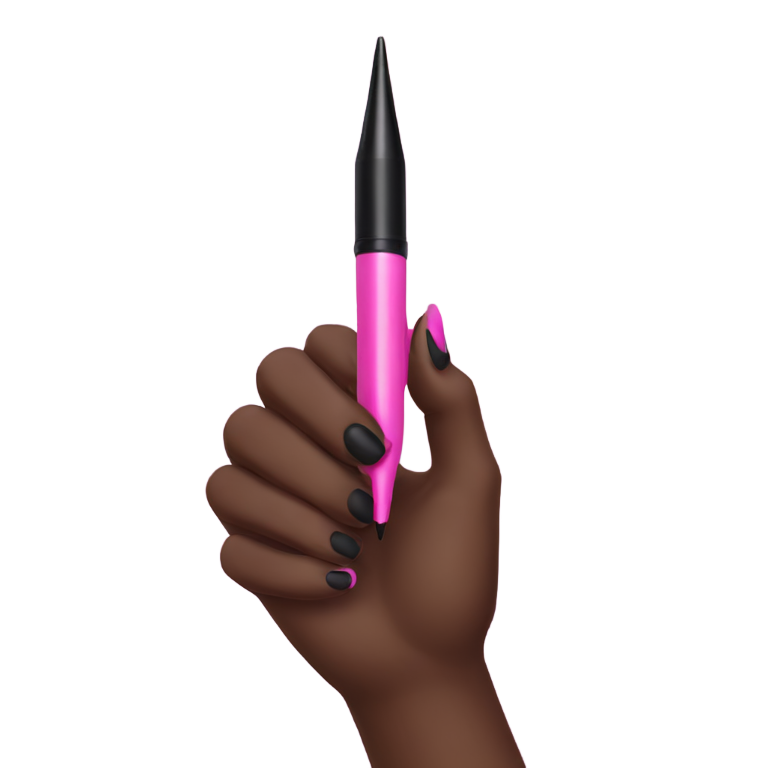 絵文字：black hand with long nails using pink cute pen to write