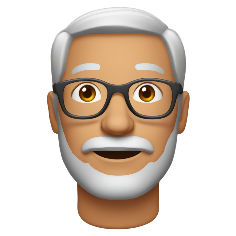 genmoji：桃色皮肤的中年男子表情符号，头顶短灰发，山羊胡，大方框眼镜，大鼻子。