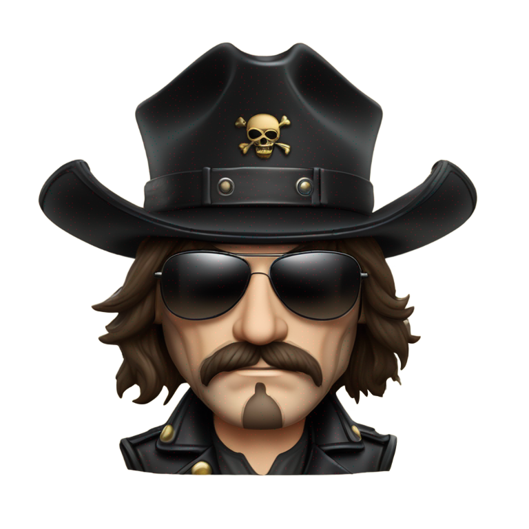genmoji : Lemmy Kilmister avec lunettes Ray-Ban noires, barbes à la Souvorov, chapeau haut de forme en cuir noir taille basse avec drapeau pirate au centre.