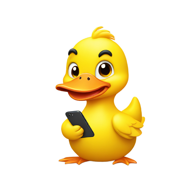 genmoji: Angry cute yellow duck holding smartphone, 3D cartoon style.