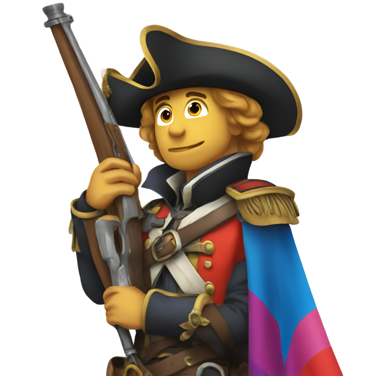 genmoji : Mousquetaire tenant un mousquet et un drapeau de la fierté