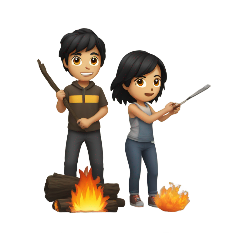 genmoji：黑发女孩生火，男孩灭火