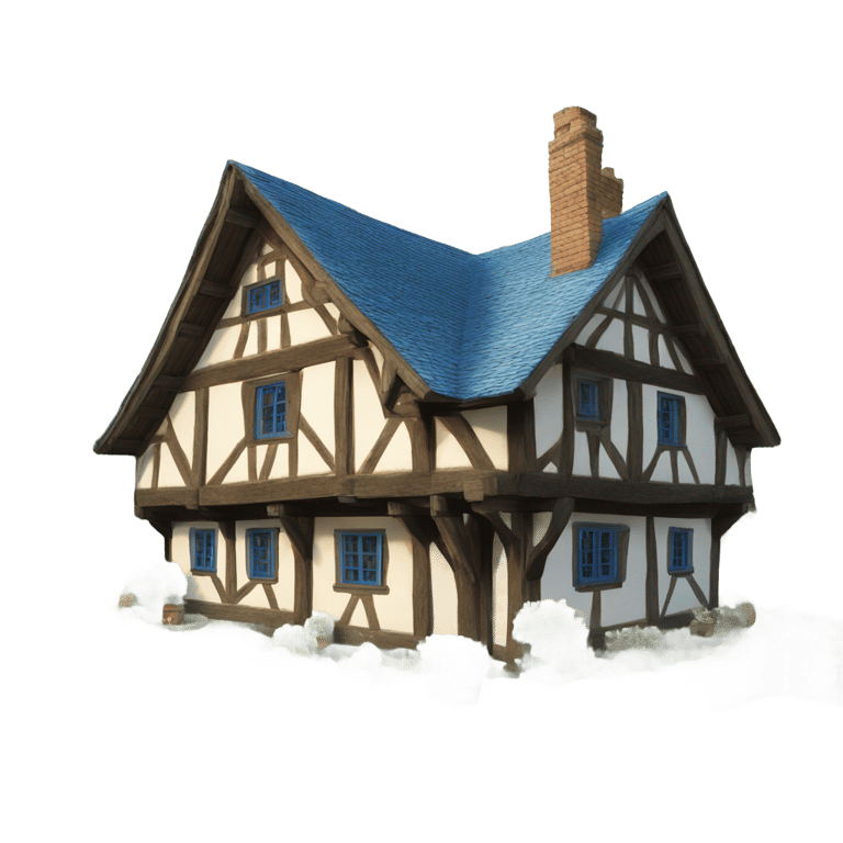 genmoji: 1000-year-old half-timbered house with blue beams in a garden