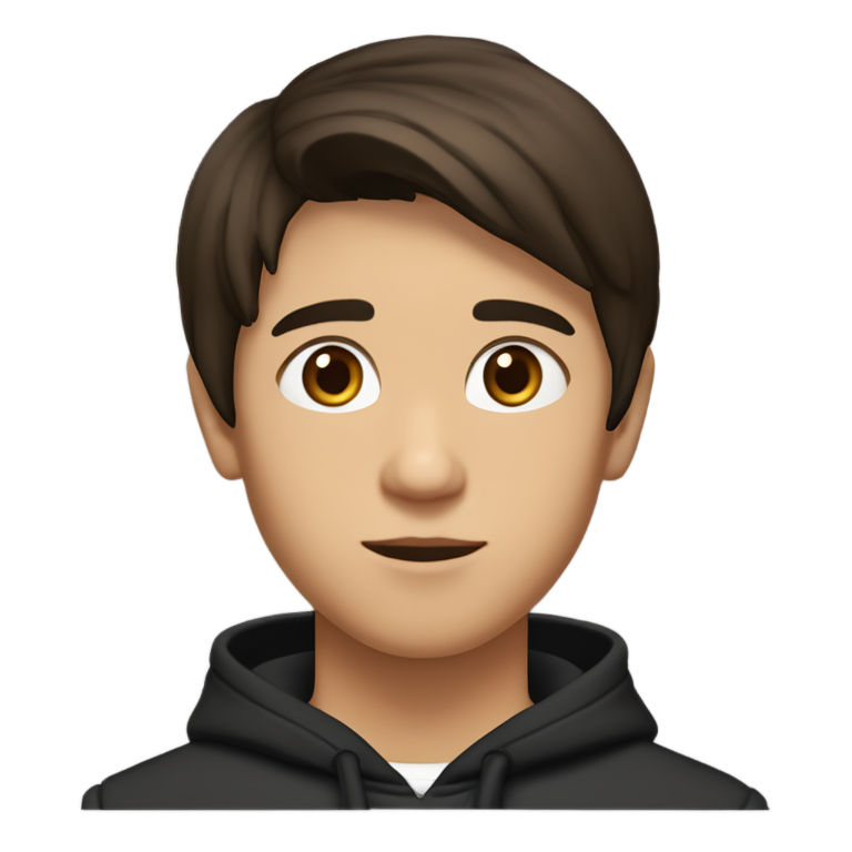 genmoji：15岁少年，中等棕色皮肤，深棕色直发，短发，前梳发型，鼻旁有痣，眉毛细，棕色眼睛，穿着带有白色“STWD”标志的黑色连帽衫。