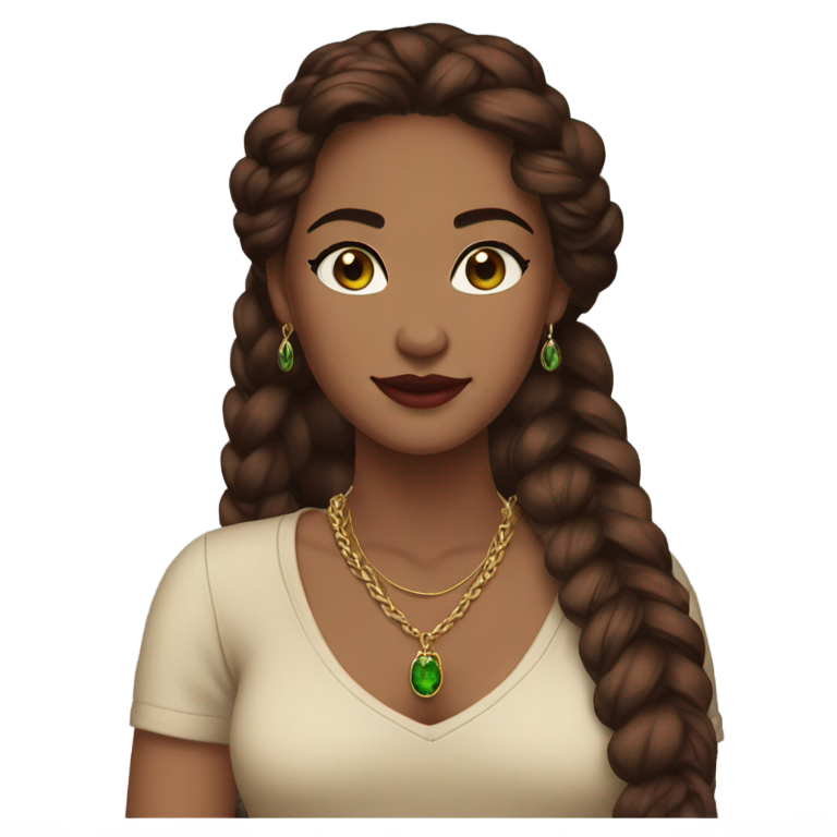 genmoji : Tresse serrée avec raie au milieu, 3 boucles d'oreilles, yeux verts, peau olivâtre, collier au cou, haut beige en V, ongles longs rouge foncé.