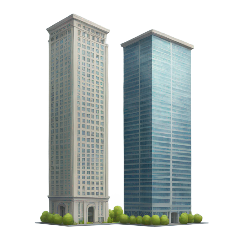 genmoji: Two skyscraper next to each other with a plan next to them on the right