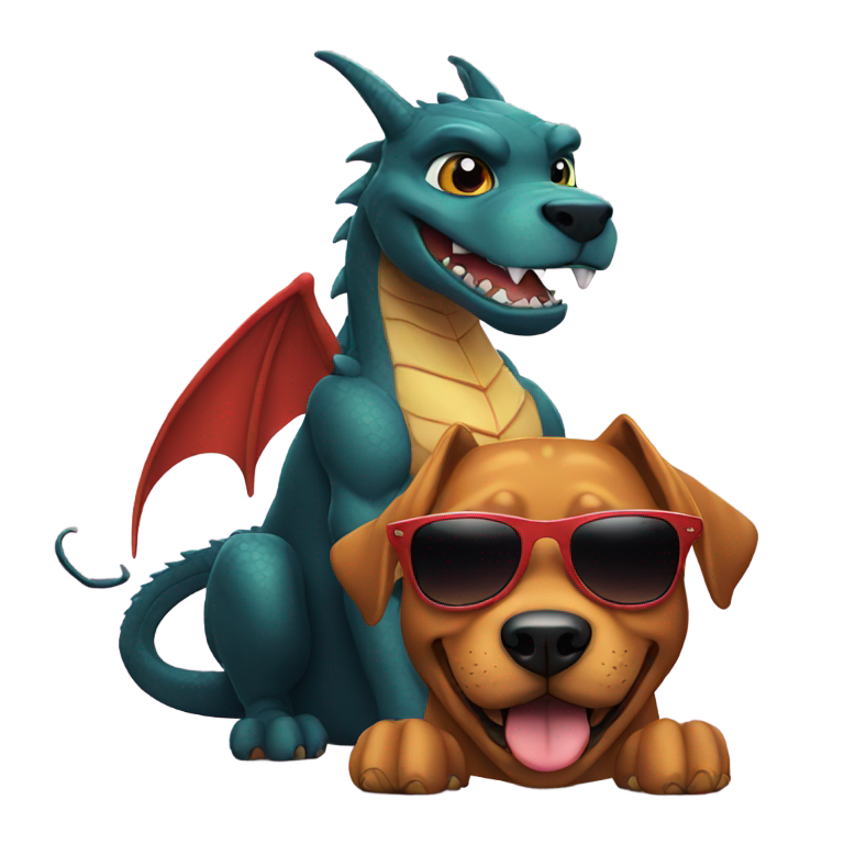 絵文字：サングラスをかけた笑顔のドラゴンと隣に座るロットワイラー。