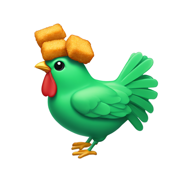 genmoji : Un nugget de poulet vert couvert de paillettes avec des becs d'oiseau qui en sortent.