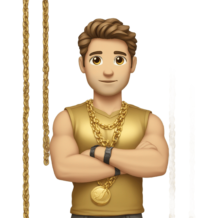 genmoji：棕发强壮白人男性，金色衬衫，多条金链，金色腕带，交叉双臂