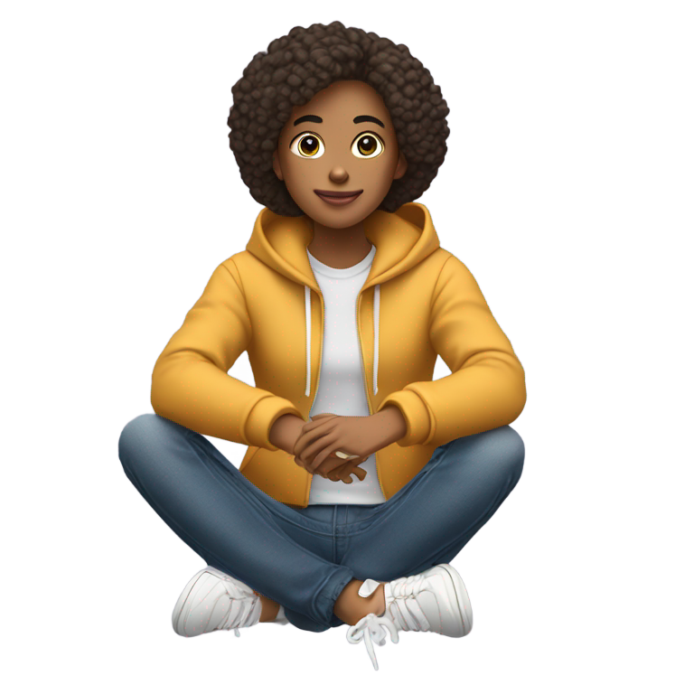 genmoji：一位深思的大学生Genmoji风格数字头像，盘腿坐或手托腮，仰望天空，仿佛在做白日梦或思考未来。穿着休闲校园装（连帽衫、牛仔裤、运动鞋）