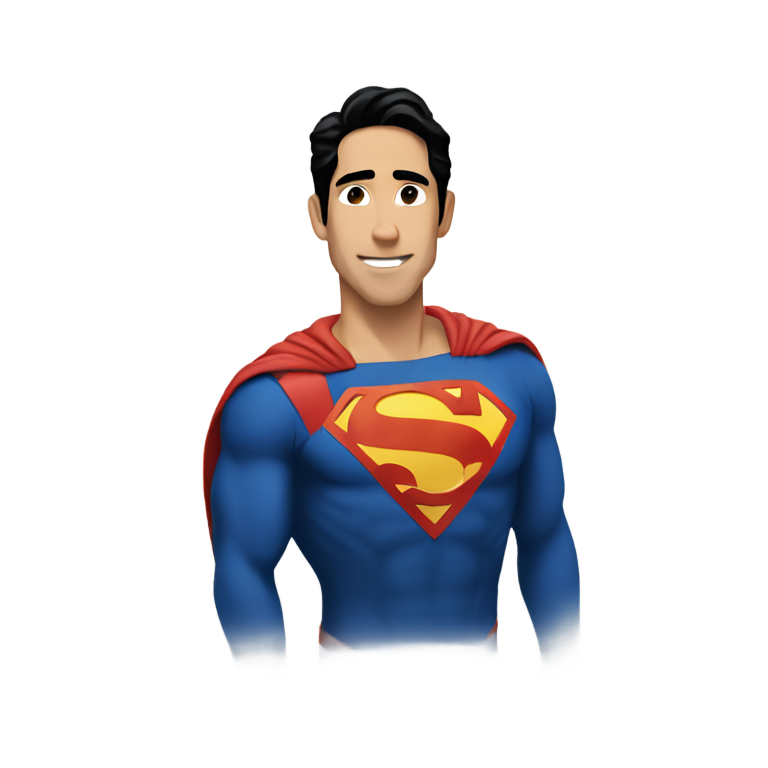 絵文字：ザック・キングがスーパーマンシャツと黒いズボンを着用しています。