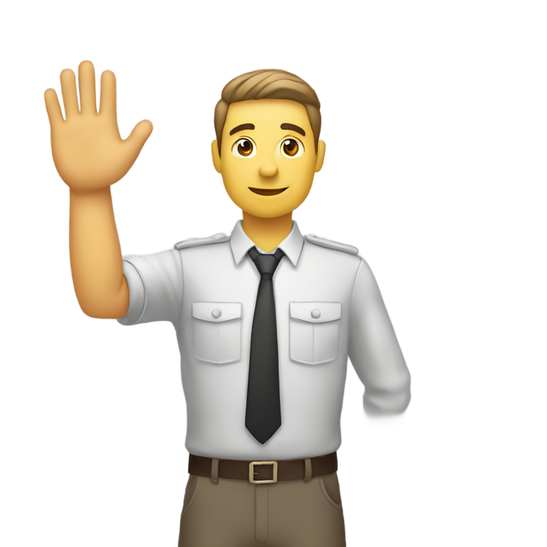 genmoji：男子举手敬礼，头部倾斜，画面中只有男子，手臂伸直不弯曲。希尔