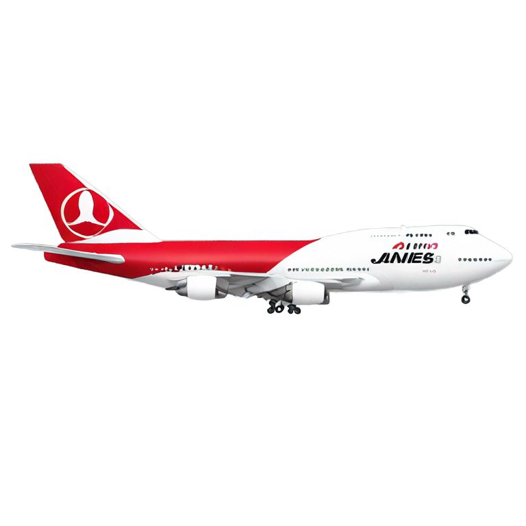genmoji: japan airlines plane, boeing 747, white (dominant) black and red.