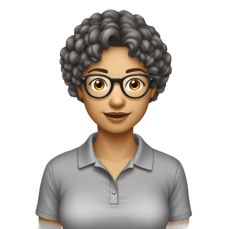 絵文字：uma menina de cabelo escuro liso, oculos de leitura redondos, usando uma camiseta polo cinza claro
