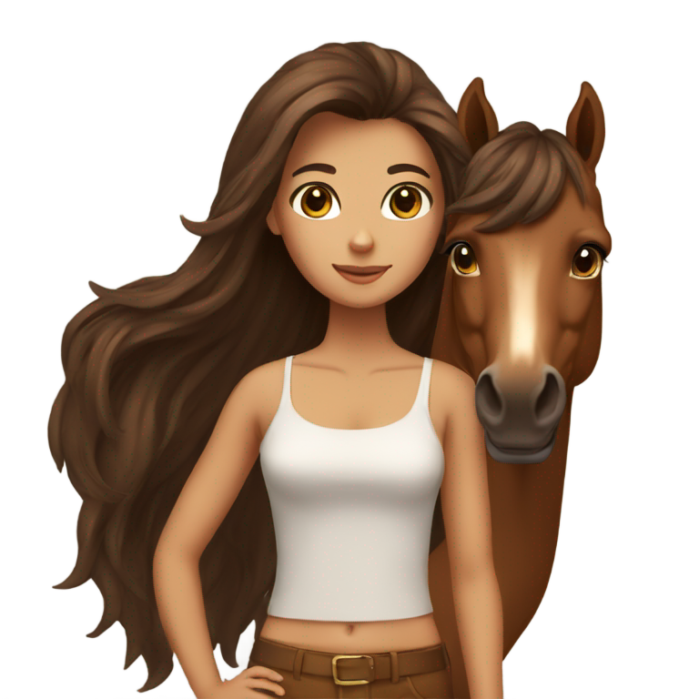 genmoji : Fille bronzée aux longs cheveux bruns et aux yeux marron, debout à côté d'un cheval brun à la crinière épaisse.