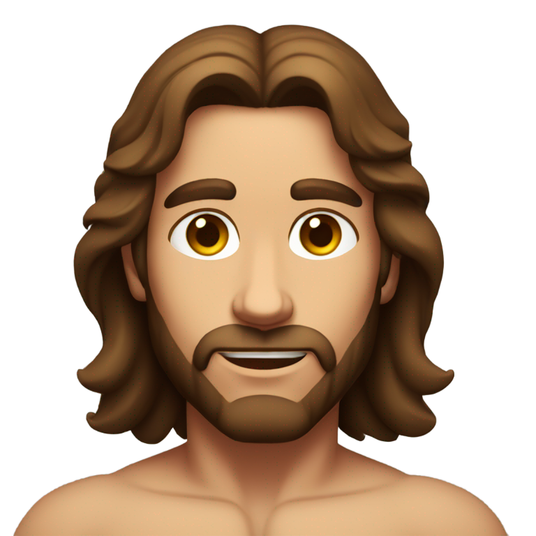 genmoji : Jésus musclé, aux cheveux bruns, torse nu, vu de la taille jusqu'au haut.