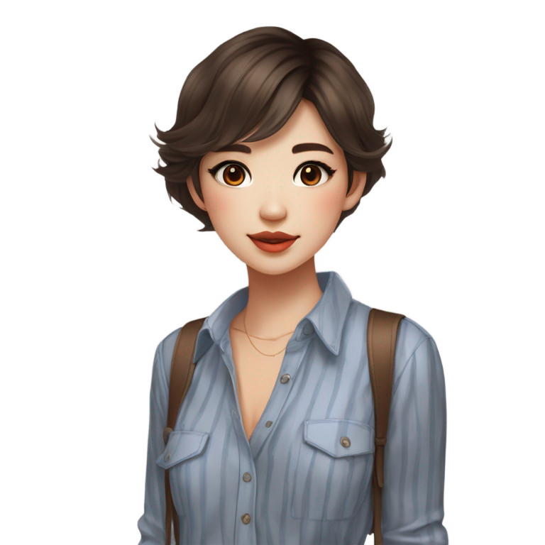 genmoji: 19 years old Thai girl, Brown wavy short hair, Brown eyes with soft brown smokey eyeshadow, soft glossy brown lipstick, medium skin, Wearing blue button-up stripe shirt, black skinny jeans, brown shoes with fur, orange blushes tone