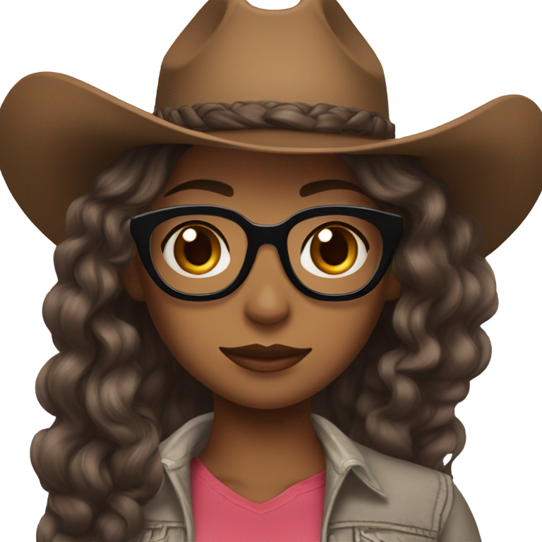 genmoji: a brown skin girl who has french curl braids with glasses with long eyelashes and really dark brown eyes she’s wearing a very revealing cowgirl costume and a cowboy hat