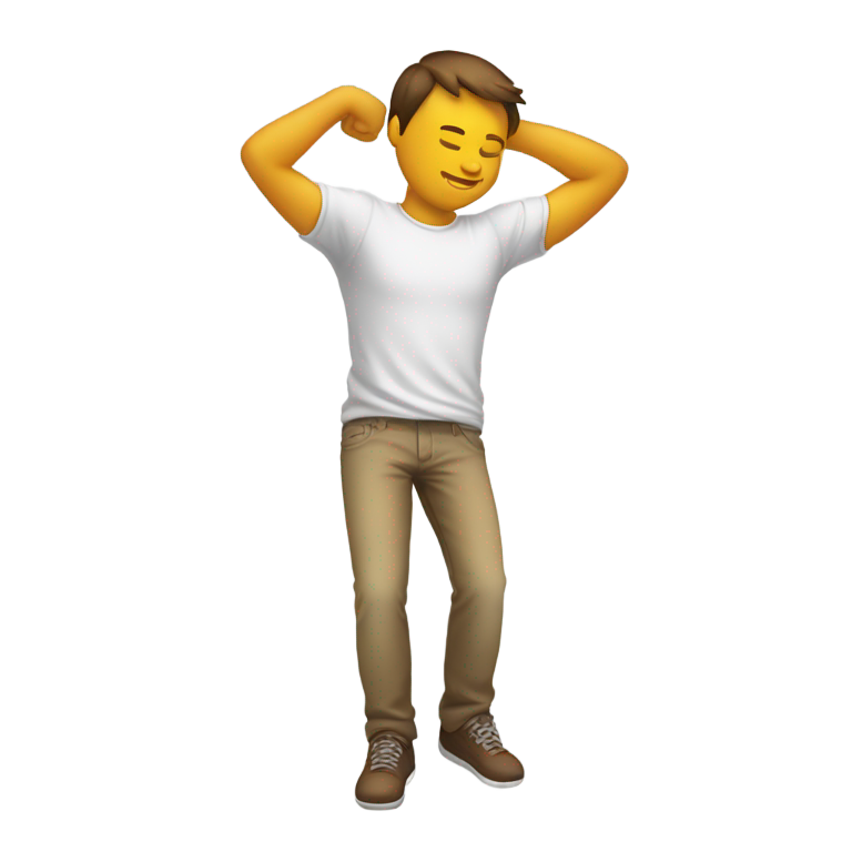 genmoji: Male emoji dabbing, face down and in right armpit, left arm stretched out and up, right arm bent and stretched across the head. Very clean posture